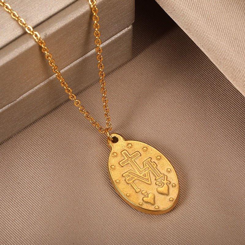 Collier pendentif Vierge Marie plat plaqué or / argent