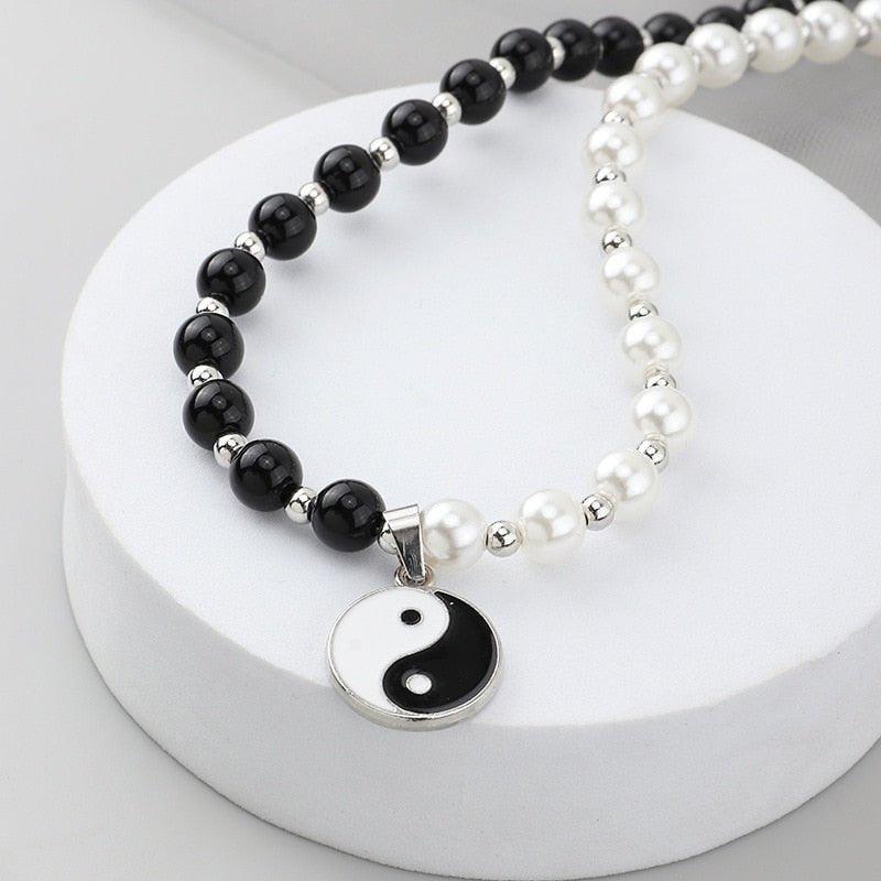 Collier pendentif yin yang noir et blanc collier perles ras de cou - MonPendentif