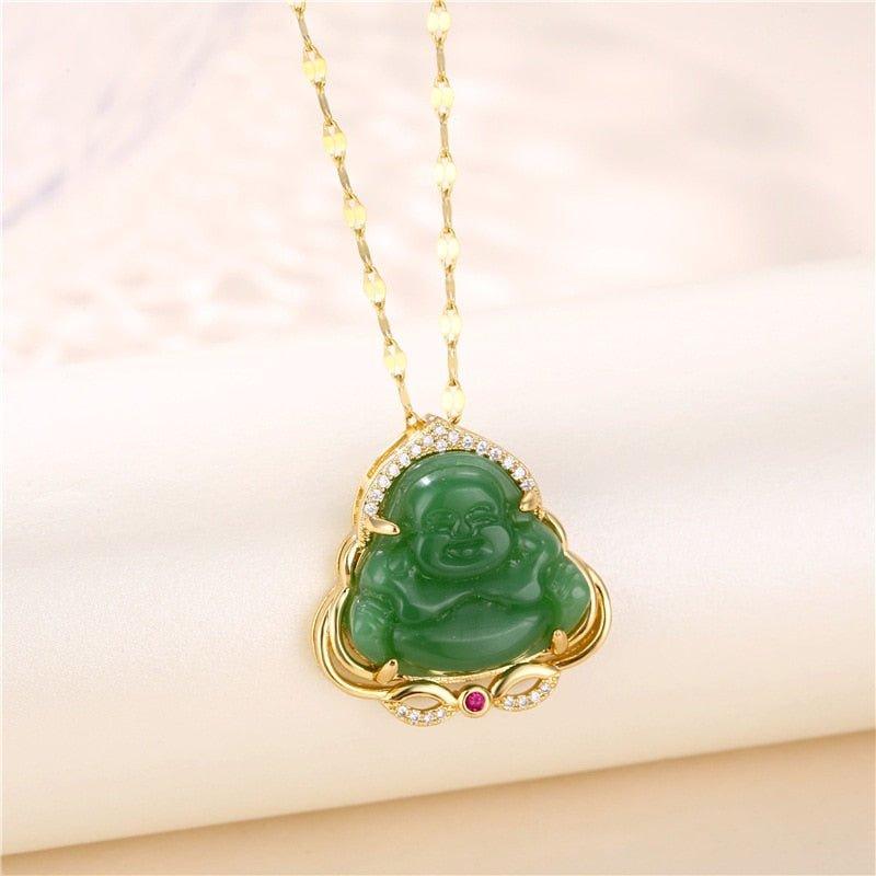 Collier porte-bonheur pendentif Buddha coloré en pierre et strass plaqué or - MonPendentif