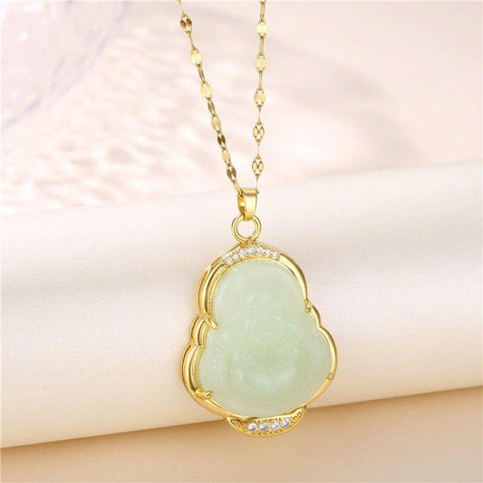 Collier porte-bonheur pendentif Buddha coloré en pierre et strass plaqué or - MonPendentif