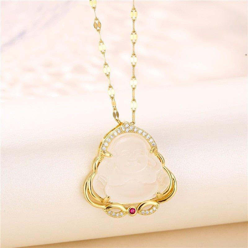 Collier porte-bonheur pendentif Buddha coloré en pierre et strass plaqué or - MonPendentif