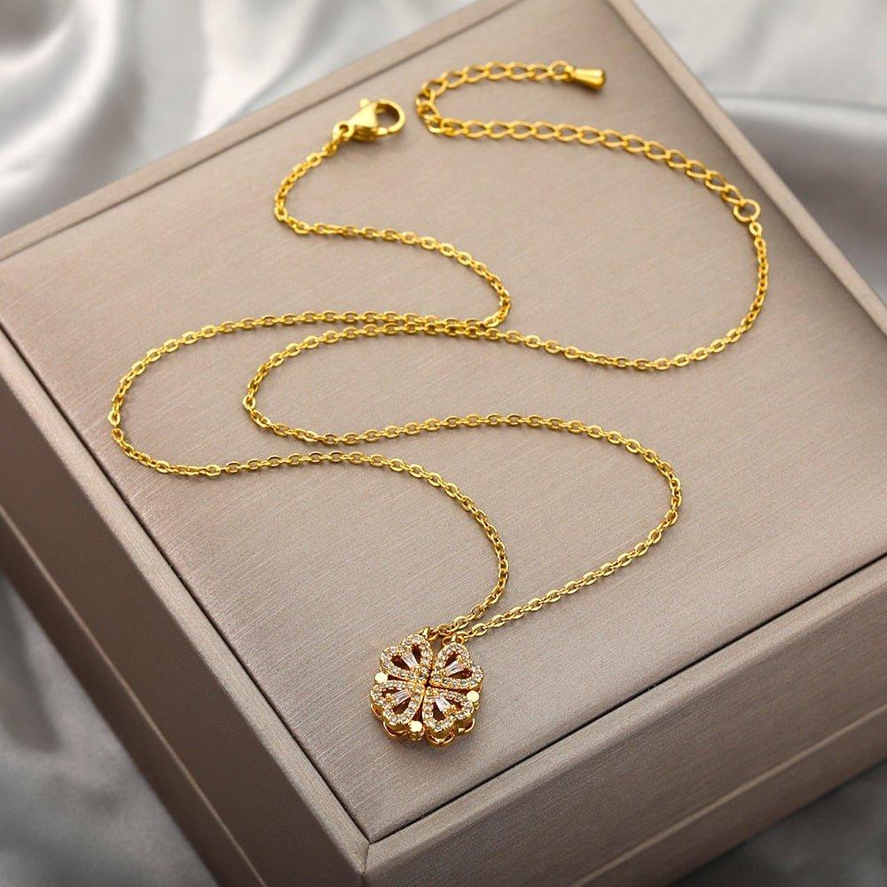 Collier ras de cou pendentif trèfle quatre feuilles strass dépliable en plaqué or / argent