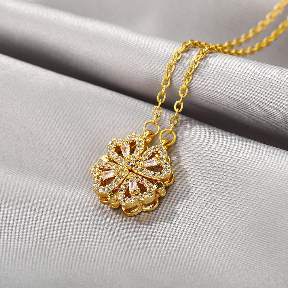 Collier ras de cou pendentif trèfle quatre feuilles strass dépliable en plaqué or / argent