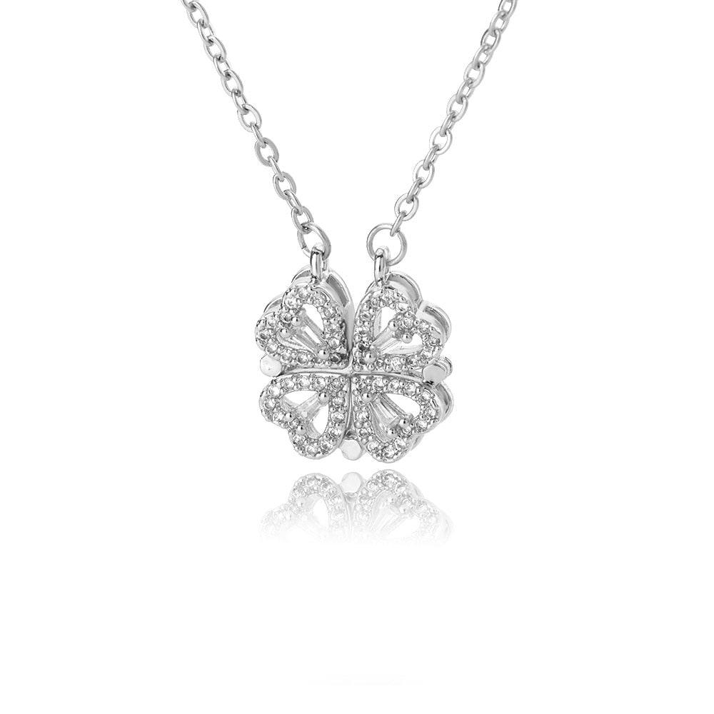 Collier ras de cou pendentif trèfle quatre feuilles strass dépliable en plaqué or / argent - MonPendentif