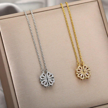 Collier ras de cou pendentif trèfle quatre feuilles strass dépliable en plaqué or / argent