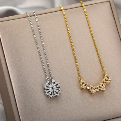 Collier ras de cou pendentif trèfle quatre feuilles strass dépliable en plaqué or / argent
