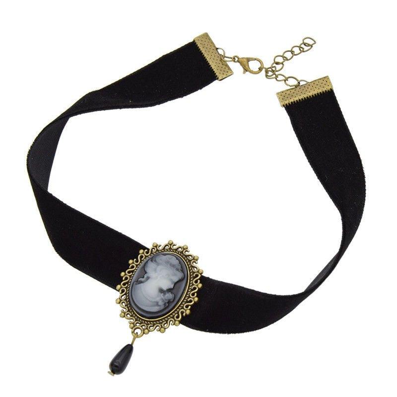 Collier style gothique ras de cou en tissu avec pendentif portrait en camé - MonPendentif