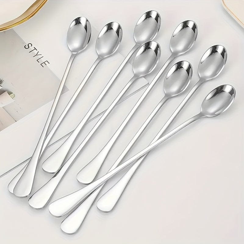 Cuillères Longues en Acier Inoxydable - Lot de 8 - Accessoires de Cuisine - Lavable au Lave-Vaisselle Silvery