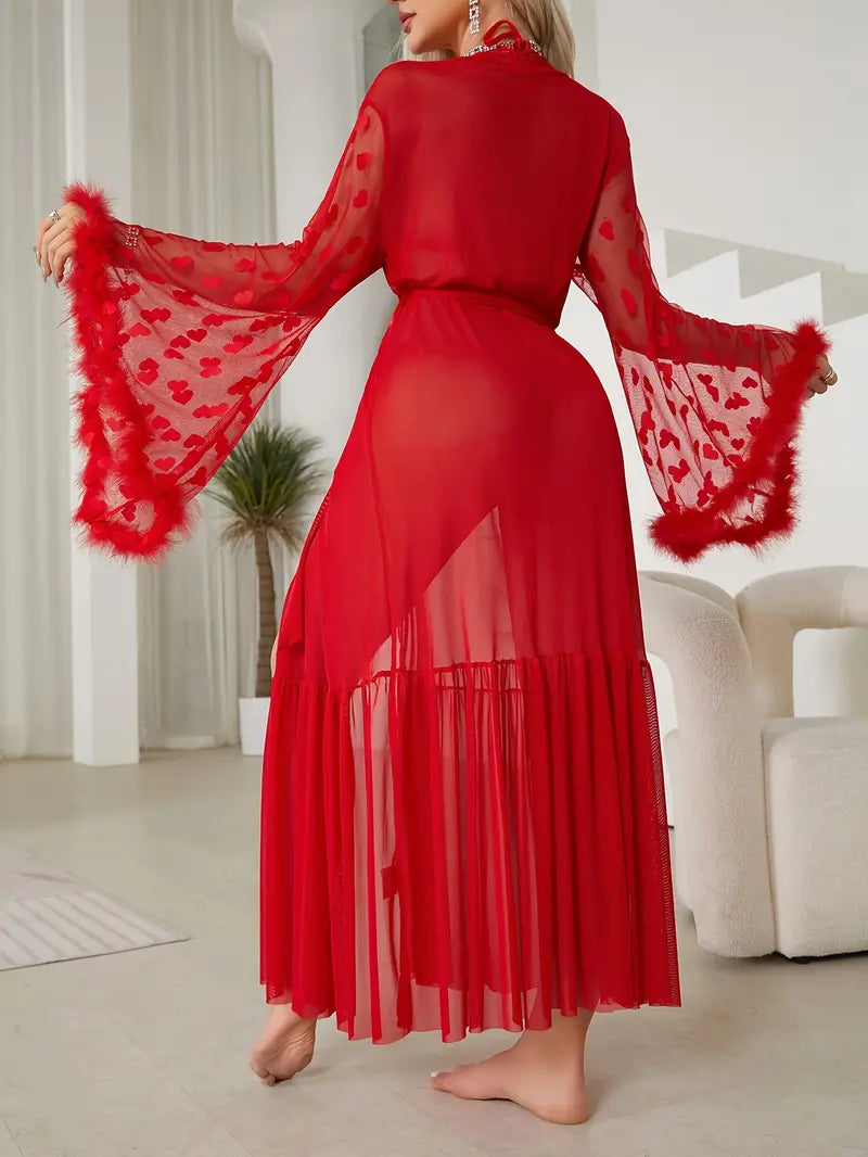 Peignoir Satin Rouge avec Manche Cloche
