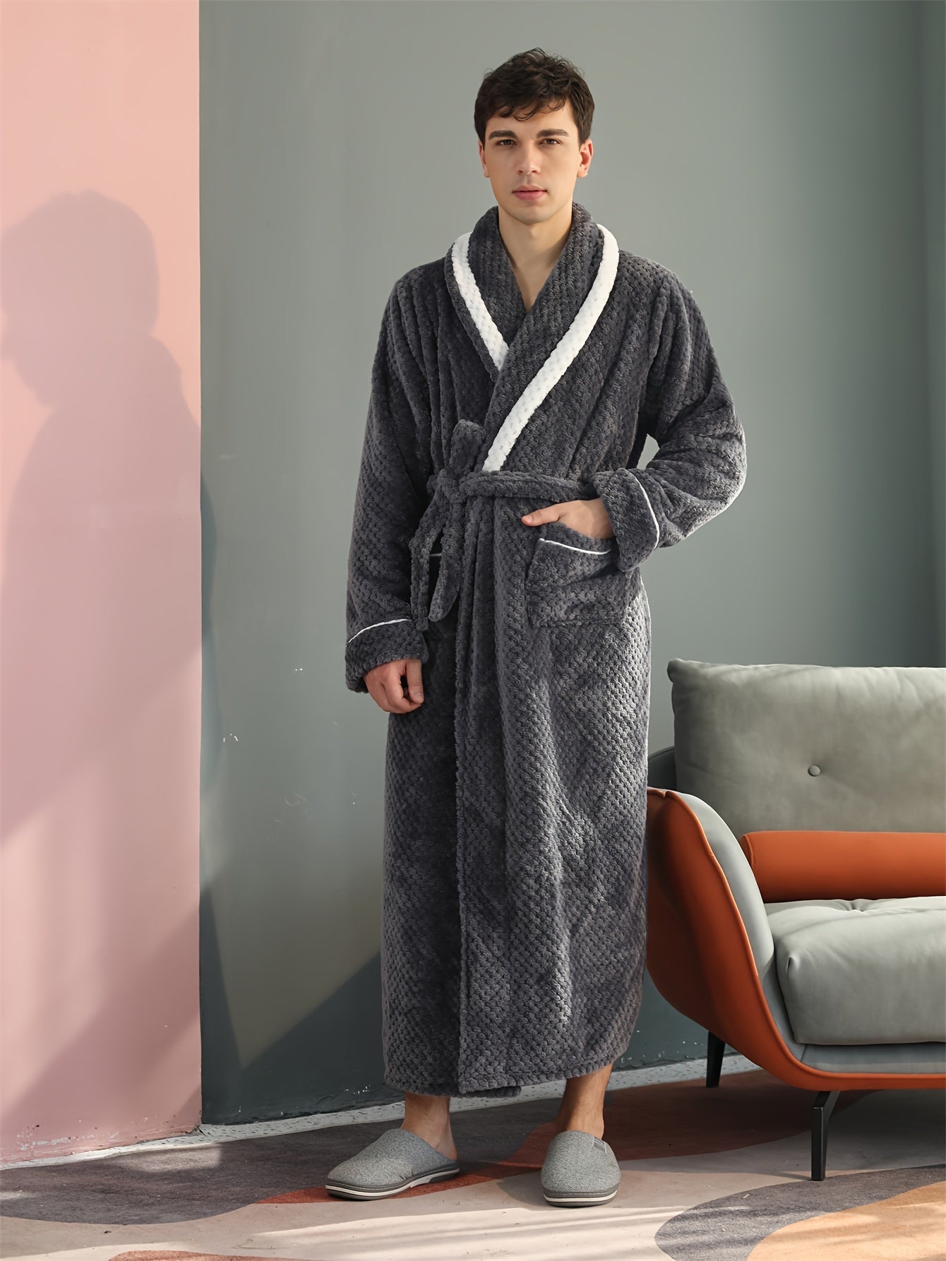 Peignoir homme long en velours effet nid d’abeille avec col châle