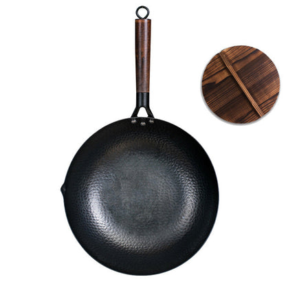 Poêle wok en fonte avec couvercle en bois