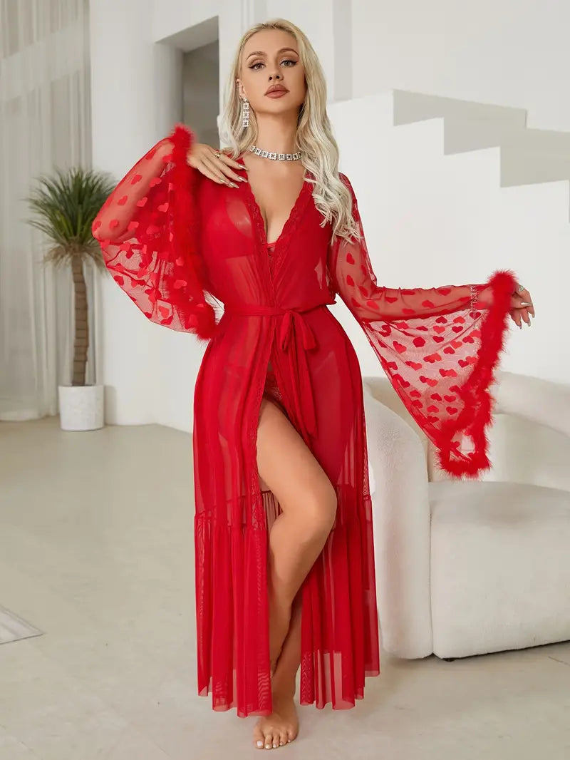 Peignoir Satin Rouge avec Manche Cloche