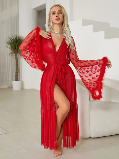 Peignoir Satin Rouge avec Manche Cloche