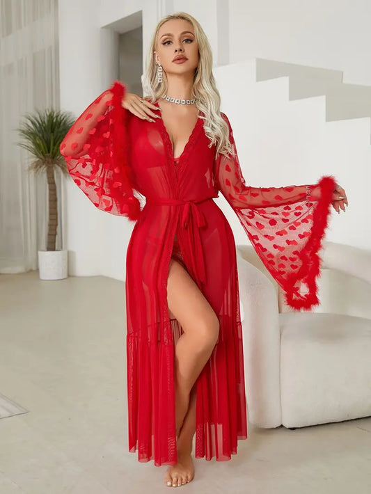 Peignoir Satin Rouge avec Manche Cloche