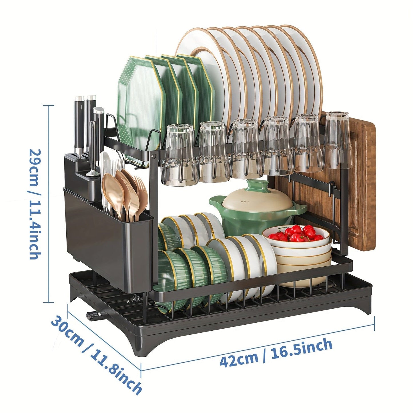 Égouttoir à vaisselle double étages avec range-couverts et égouttoir, Rangement vaisselle multifonction, Grande capacité, Pour plan de travail cuisine 2 Tier-41.91 Cm / Black
