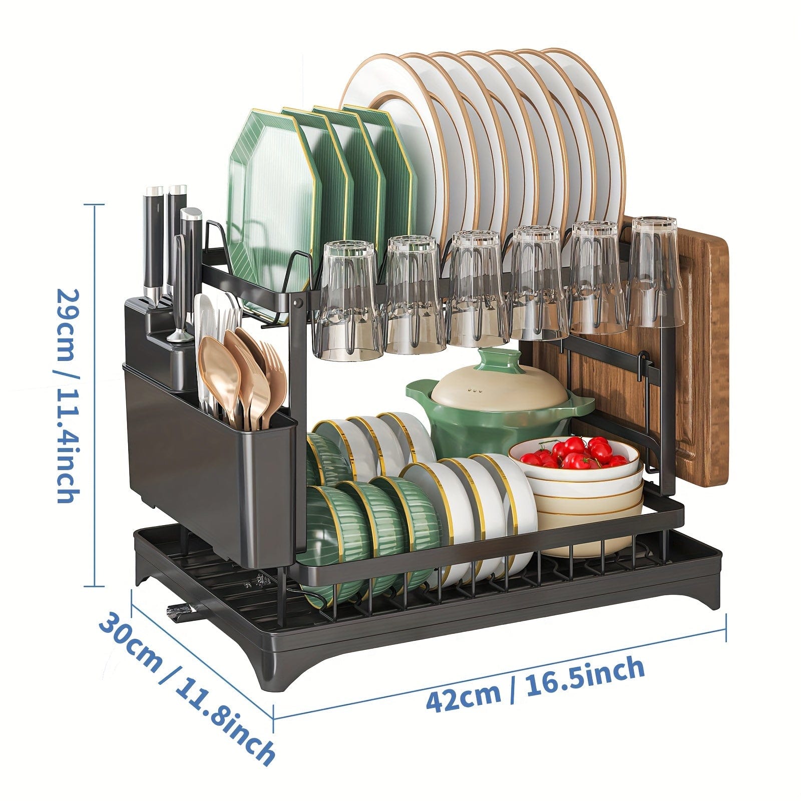 Égouttoir à vaisselle double étages avec range-couverts et égouttoir, Rangement vaisselle multifonction, Grande capacité, Pour plan de travail cuisine 2 Tier-41.91 Cm / Black