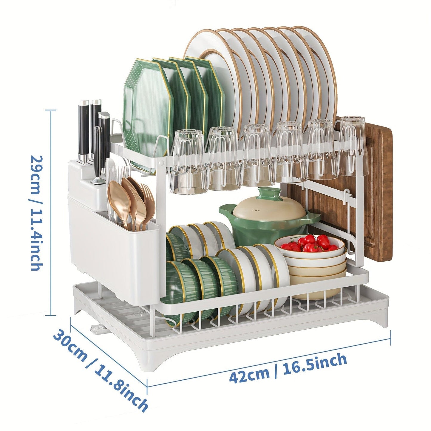 Égouttoir à vaisselle double étages avec range-couverts et égouttoir, Rangement vaisselle multifonction, Grande capacité, Pour plan de travail cuisine 2 Tier-41.91 Cm / White