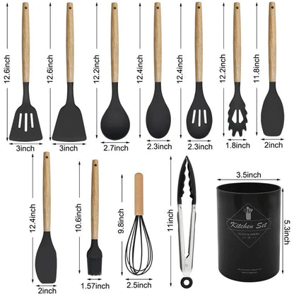 Ensemble d'ustensiles de cuisine en silicone 12 pièces, Antiadhésif Résistant à la chaleur - Outils de cuisine