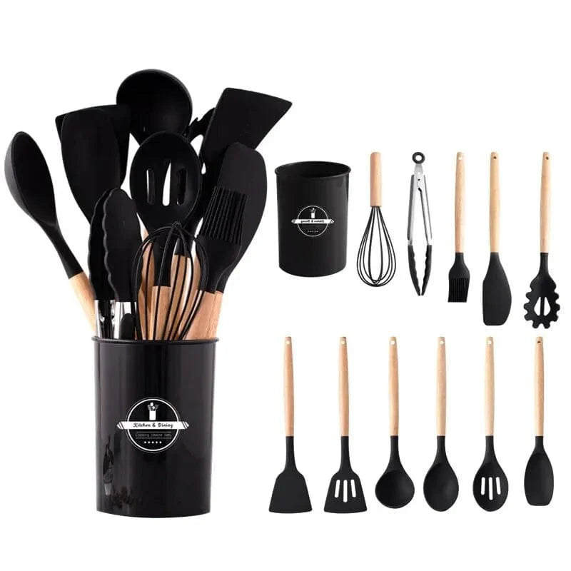 Ensemble d'ustensiles de cuisine en silicone 12 pièces, Antiadhésif Résistant à la chaleur - Outils de cuisine Black 12 piece set