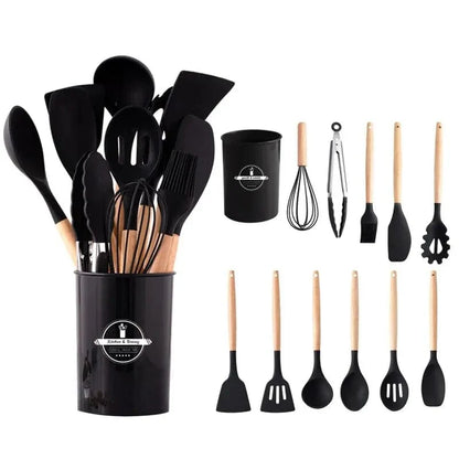 Ensemble d'ustensiles de cuisine en silicone 12 pièces, Antiadhésif Résistant à la chaleur - Outils de cuisine Black 12 piece set