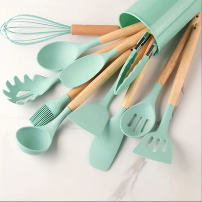 Ensemble d'Ustensiles de Cuisine en Silicone Beige avec Manche en Bois - Lot de 12, Ustensiles de Cuisine Sûrs, Anti-adhésifs, Lavables - Accessoires de Cuisine, Gadgets de Cuisine Deep Green