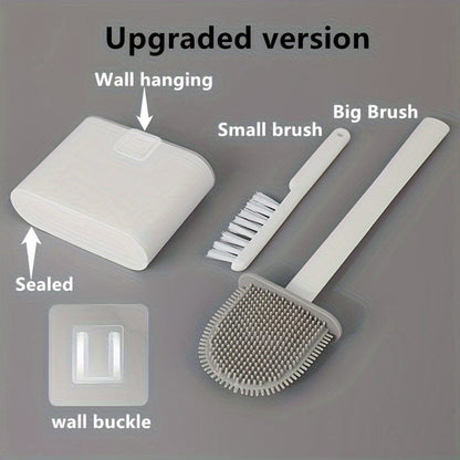 Ensemble de 2 Brosses WC et 1 Abattant WC, Brosse WC Murale, Tête de Brosse WC en Silicone Souple, Brosse WC à Long Manche, Brosse Domestique Multifonctionnelle, Produits de Nettoyage des Toilettes, Essentiel Domestique Wall-mounted - Grey