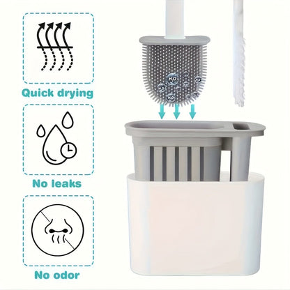 Ensemble de 2 Brosses WC et 1 Abattant WC, Brosse WC Murale, Tête de Brosse WC en Silicone Souple, Brosse WC à Long Manche, Brosse Domestique Multifonctionnelle, Produits de Nettoyage des Toilettes, Essentiel Domestique