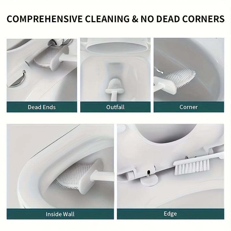 Ensemble de 2 Brosses WC et 1 Abattant WC, Brosse WC Murale, Tête de Brosse WC en Silicone Souple, Brosse WC à Long Manche, Brosse Domestique Multifonctionnelle, Produits de Nettoyage des Toilettes, Essentiel Domestique