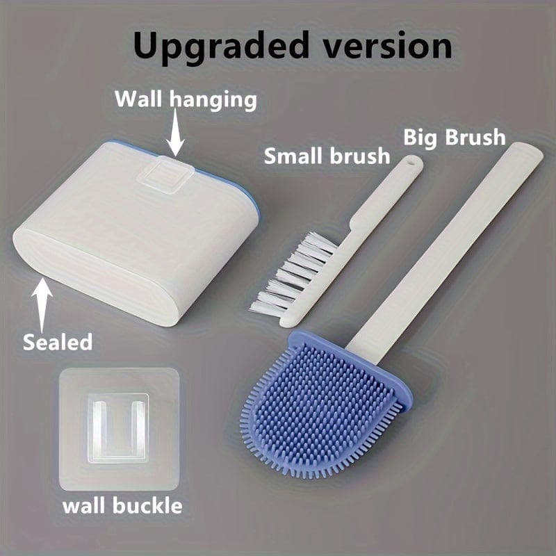 Ensemble de 2 Brosses WC et 1 Abattant WC, Brosse WC Murale, Tête de Brosse WC en Silicone Souple, Brosse WC à Long Manche, Brosse Domestique Multifonctionnelle, Produits de Nettoyage des Toilettes, Essentiel Domestique Wall-mounted - Blue
