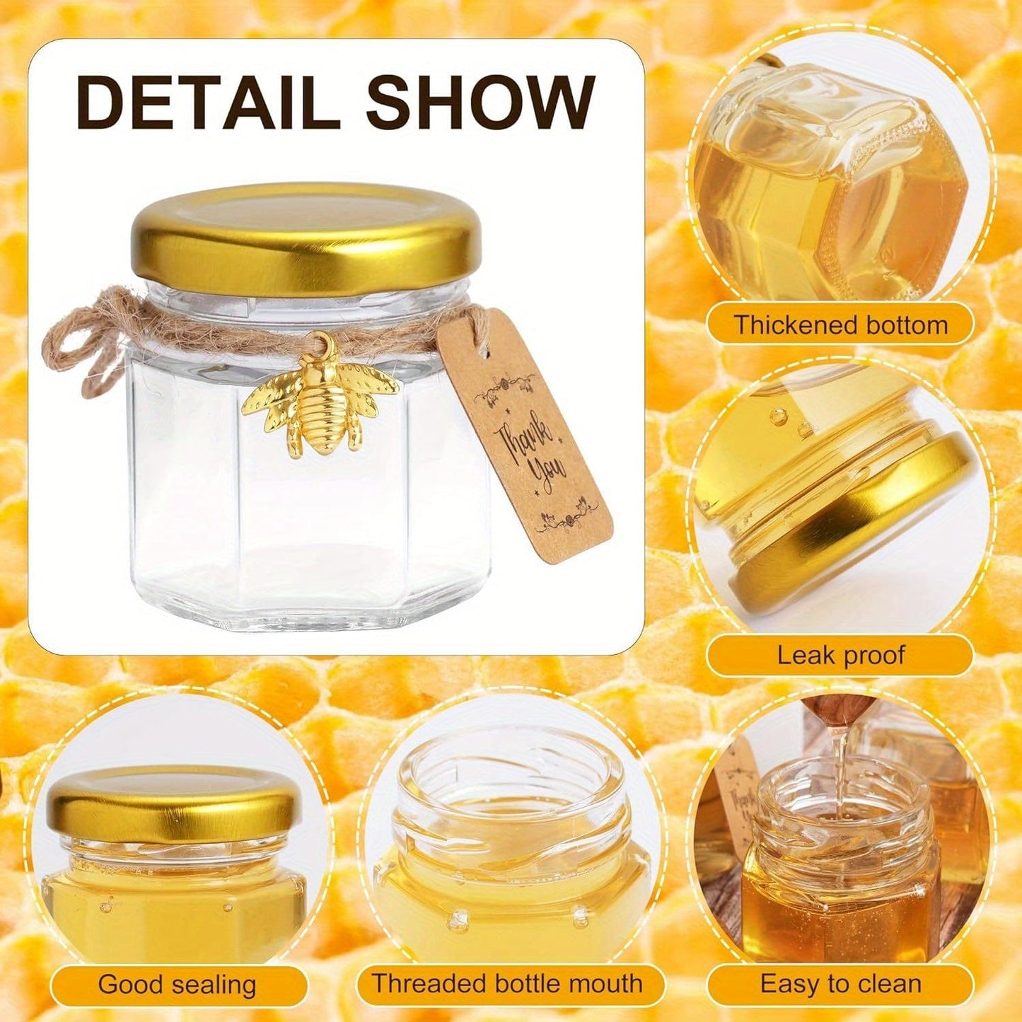 Ensemble de 60 pots en verre hexagonaux 1.5oz avec couvercles dorés - Baby Shower, Mariage, Favors & Gifts