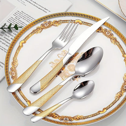 Ensemble de Couverts Étoile en Acier Inoxydable 24pcs - Couteau à Steak, Fourchette, Cuillère de Table, Cuillère à Dessert - Pour Hôtel et Restaurant