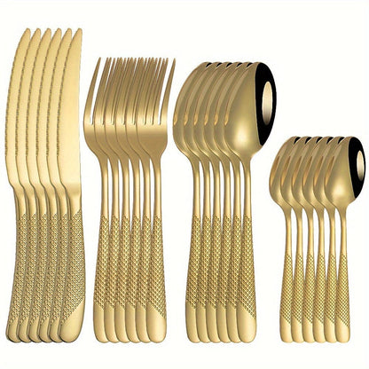 Ensemble de Couverts Étoile en Acier Inoxydable 24pcs - Couteau à Steak, Fourchette, Cuillère de Table, Cuillère à Dessert - Pour Hôtel et Restaurant Golden