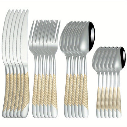Ensemble de Couverts Étoile en Acier Inoxydable 24pcs - Couteau à Steak, Fourchette, Cuillère de Table, Cuillère à Dessert - Pour Hôtel et Restaurant Golden Plating