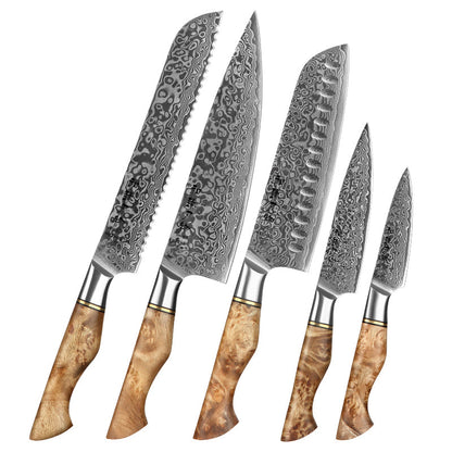 Ensemble de cinq couteaux japonais en acier damassé