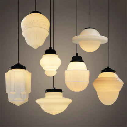 Suspension Géométrique en Verre Blanc Mat – Éclairage Vintage Élégant