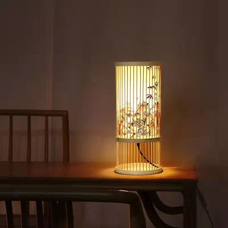 Lampe de chevet Japonaise Bambou Zen  LampesDeChevet Fleur rouge  