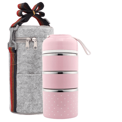 Lunch box isotherme rose trois compartiments avec sac