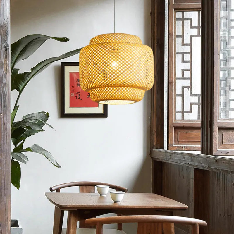 Lustre Bambou LED de Style Chinois en Bois