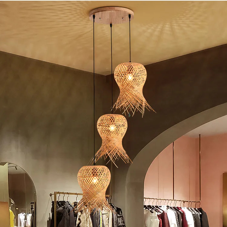 Lustre Bambou Tressé au Design Rétro à Trois Têtes