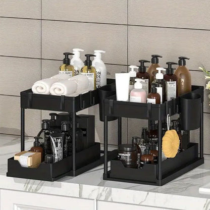 Lot de 2 Rangement sous évier avec tiroir coulissant, 4 crochets et 1 gobelet de suspension