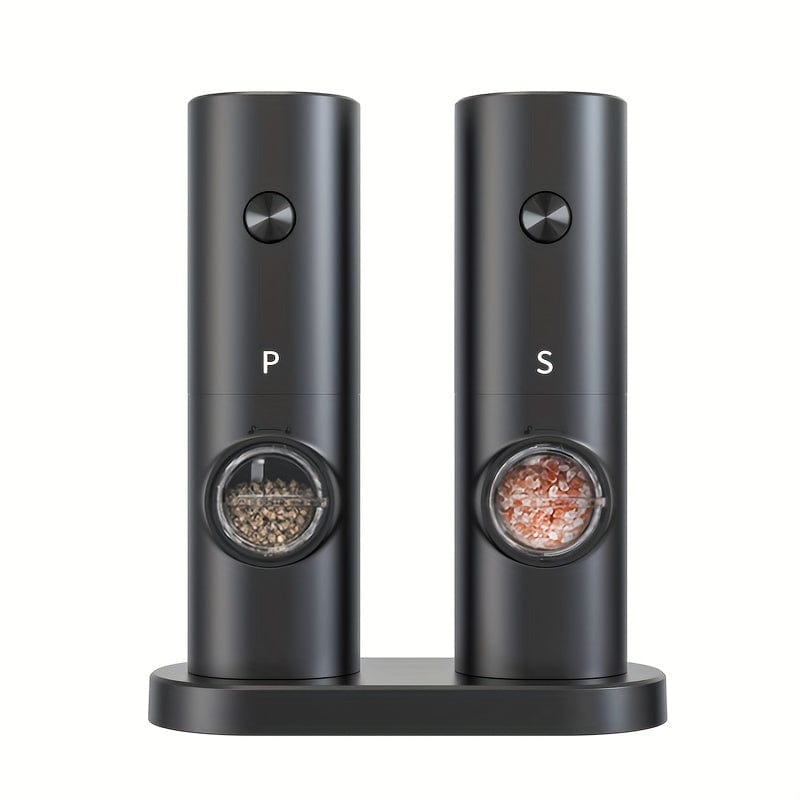 Moulin à Poivre et Sel Électrique avec Base de Rangement, Set de 2, LED, PANCERKA Black