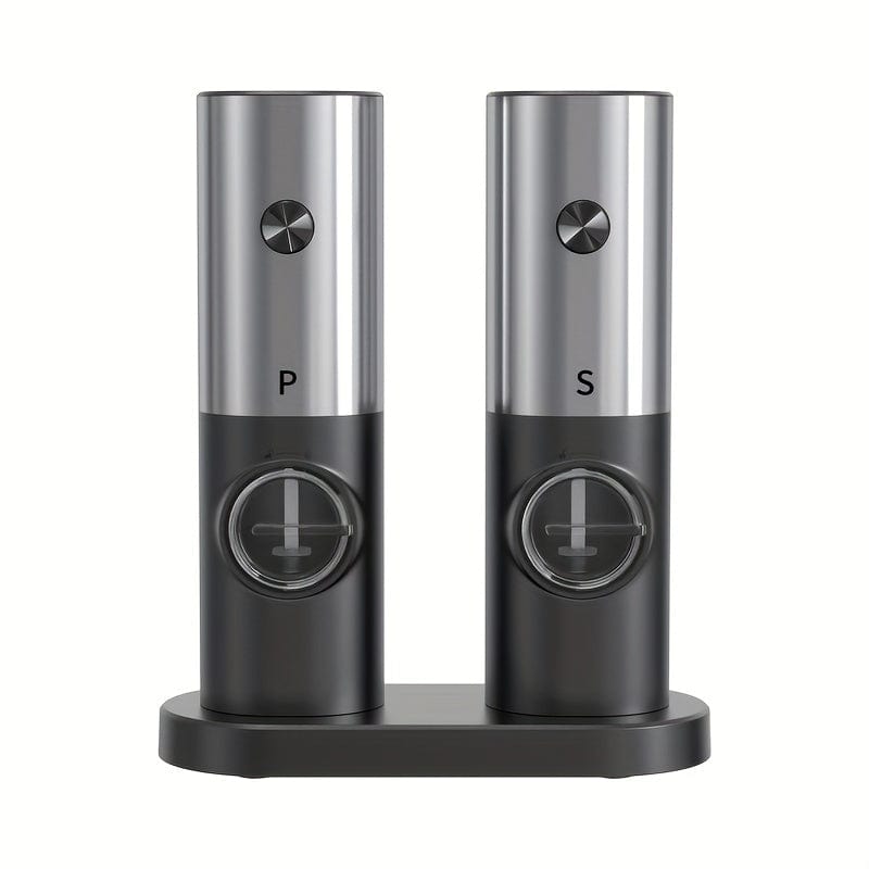 Moulin à Poivre et Sel Électrique avec Base de Rangement, Set de 2, LED, PANCERKA Silvery