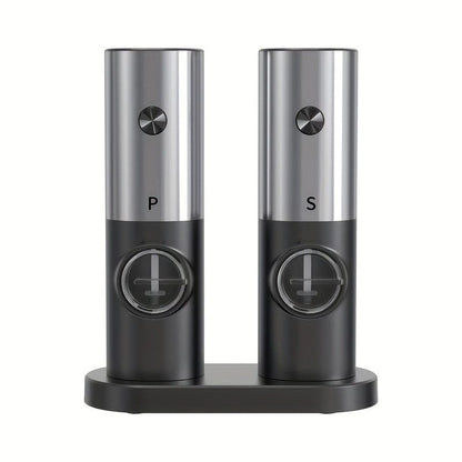 Moulin à Poivre et Sel Électrique avec Base de Rangement, Set de 2, LED, PANCERKA Silvery
