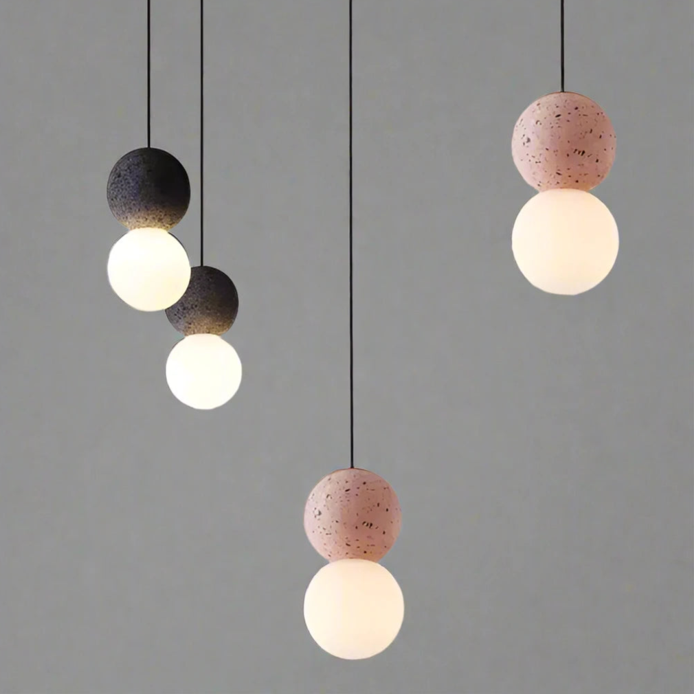 Suspension Origo – Design Géométrique en Pierre Volcanique et Diffuseur en Verre Opale