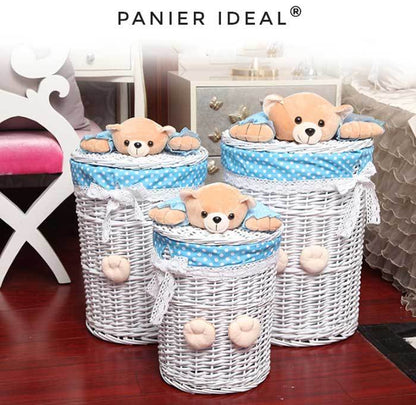 Panier à Linge Bébé en Osier Bleu Ourson
