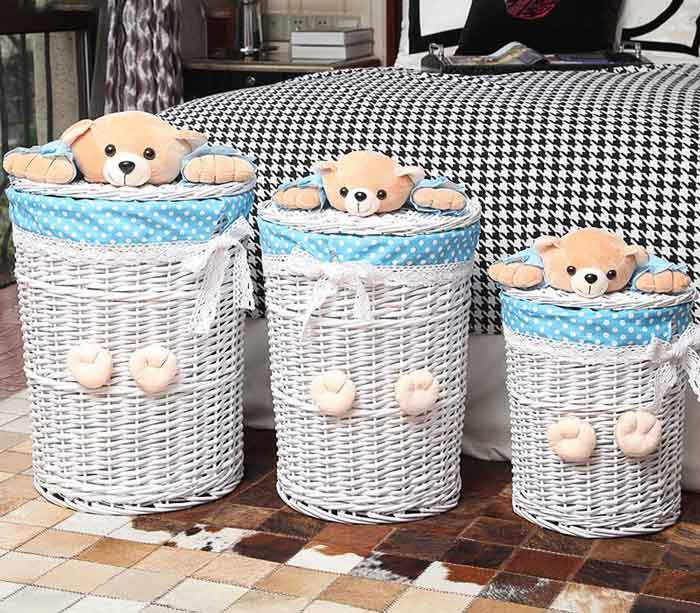 Panier à Linge Bébé en Osier Bleu Ourson