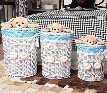 Panier à Linge Bébé en Osier Bleu Ourson