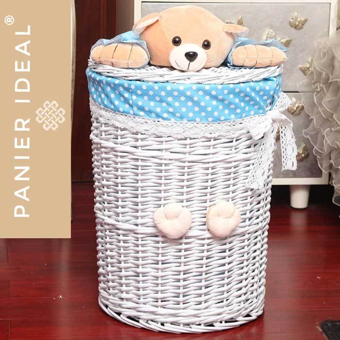 Panier à Linge Bébé en Osier Bleu Ourson