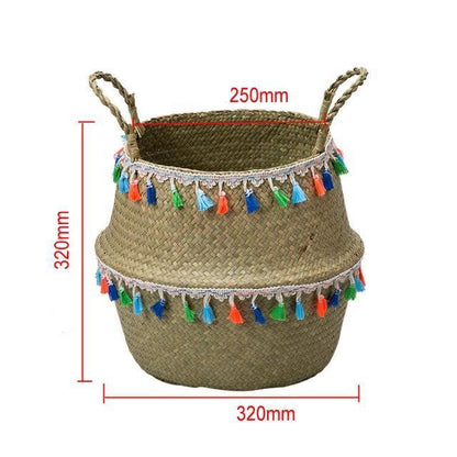 Panier à Linge Design en Jonc avec Pompons colorés