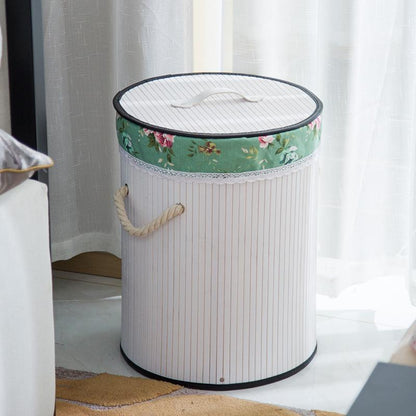 Taille M panier linge bambou blanc doublure coton vert floral